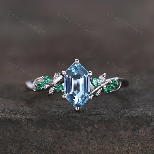 Vintage blue topaz engagement ring unique hexagon cut ring Art deco leaf design emerald ring nature inspired ring December promise ring
