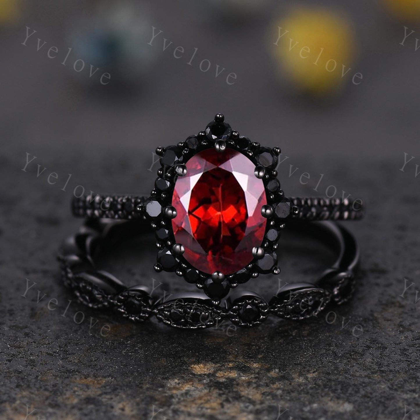 Gothic Oval Shape Red Garnet Engagement Ring Set,Black Gold Black Diamond Promise Ring Set Unique Rhodium Black Witchy Ring Bridal Set Gift