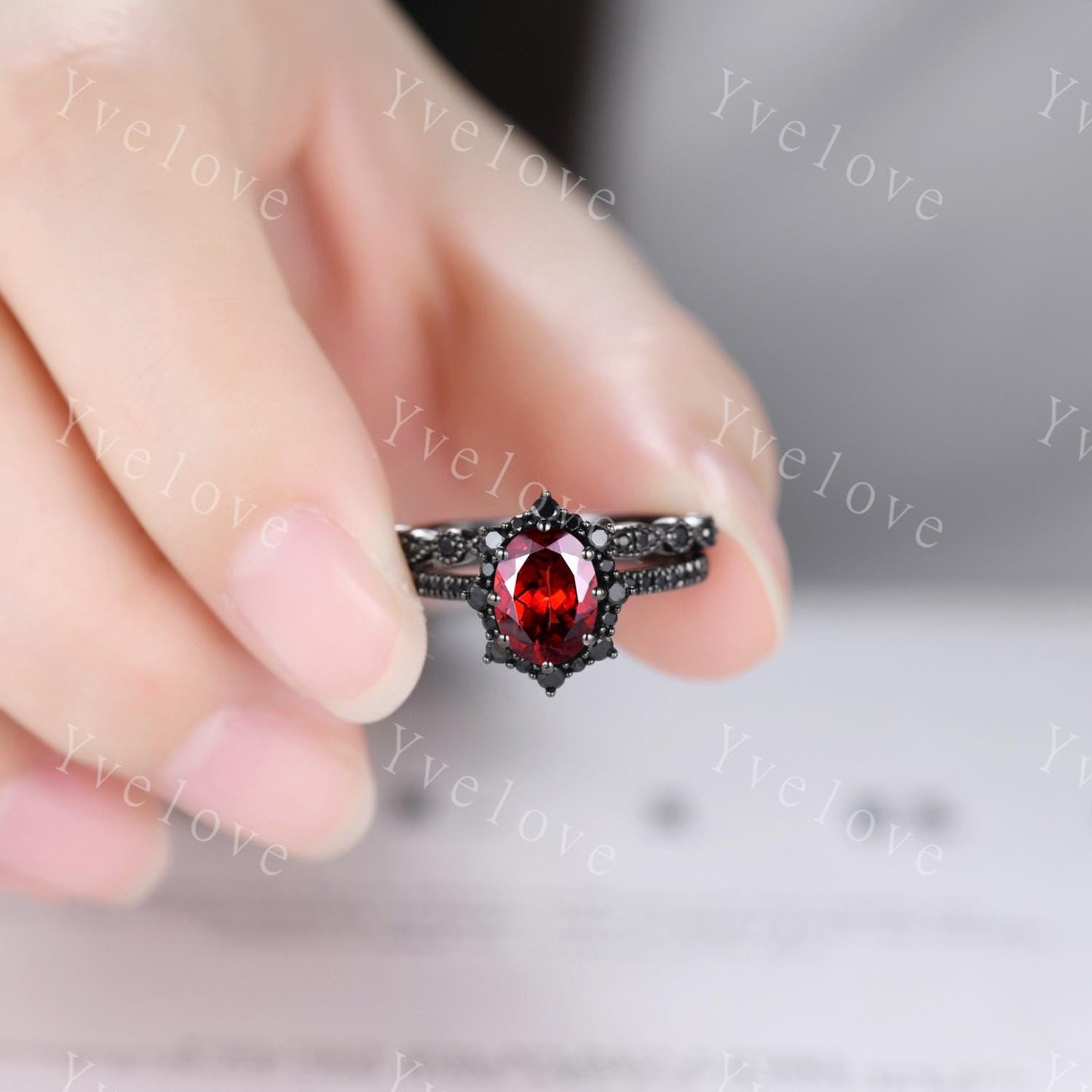 Gothic Oval Shape Red Garnet Engagement Ring Set,Black Gold Black Diamond Promise Ring Set Unique Rhodium Black Witchy Ring Bridal Set Gift