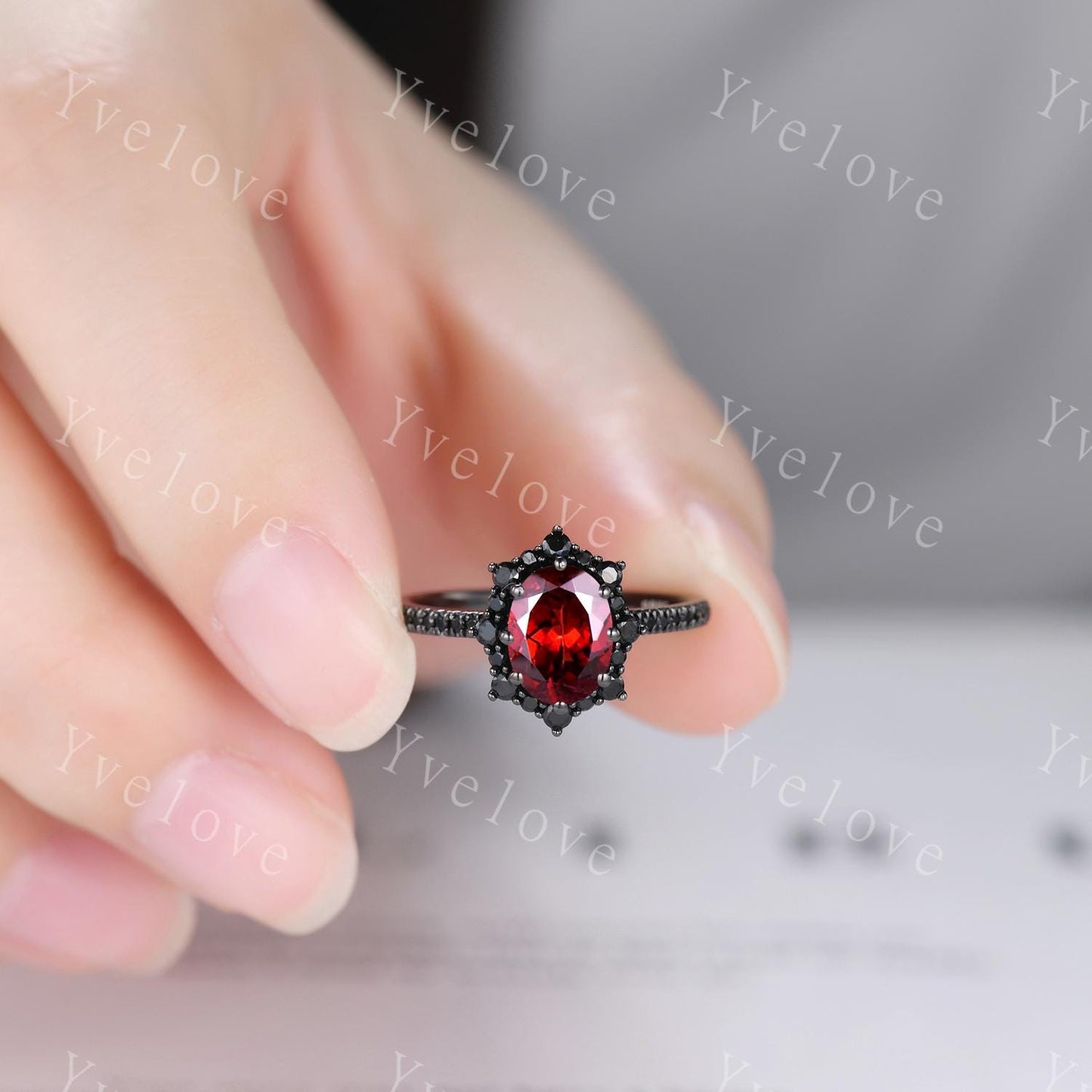 Gothic Oval Shape Red Garnet Engagement Ring Set,Black Gold Black Diamond Promise Ring Set Unique Rhodium Black Witchy Ring Bridal Set Gift