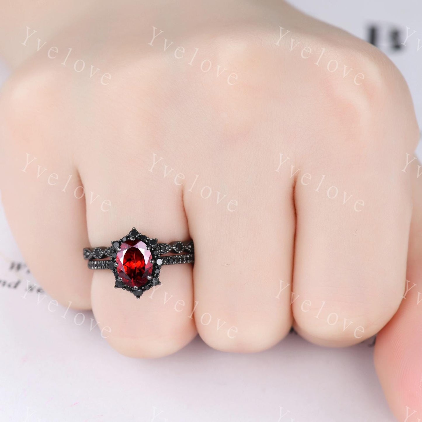 Gothic Oval Shape Red Garnet Engagement Ring Set,Black Gold Black Diamond Promise Ring Set Unique Rhodium Black Witchy Ring Bridal Set Gift
