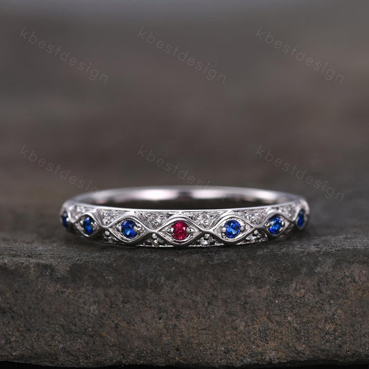 Antique Blue Sapphire Wedding Band Women Vintage Ruby Wedding Band Multi Gemstone Band Art Deco Stacking Matching Band Anniversary Ring