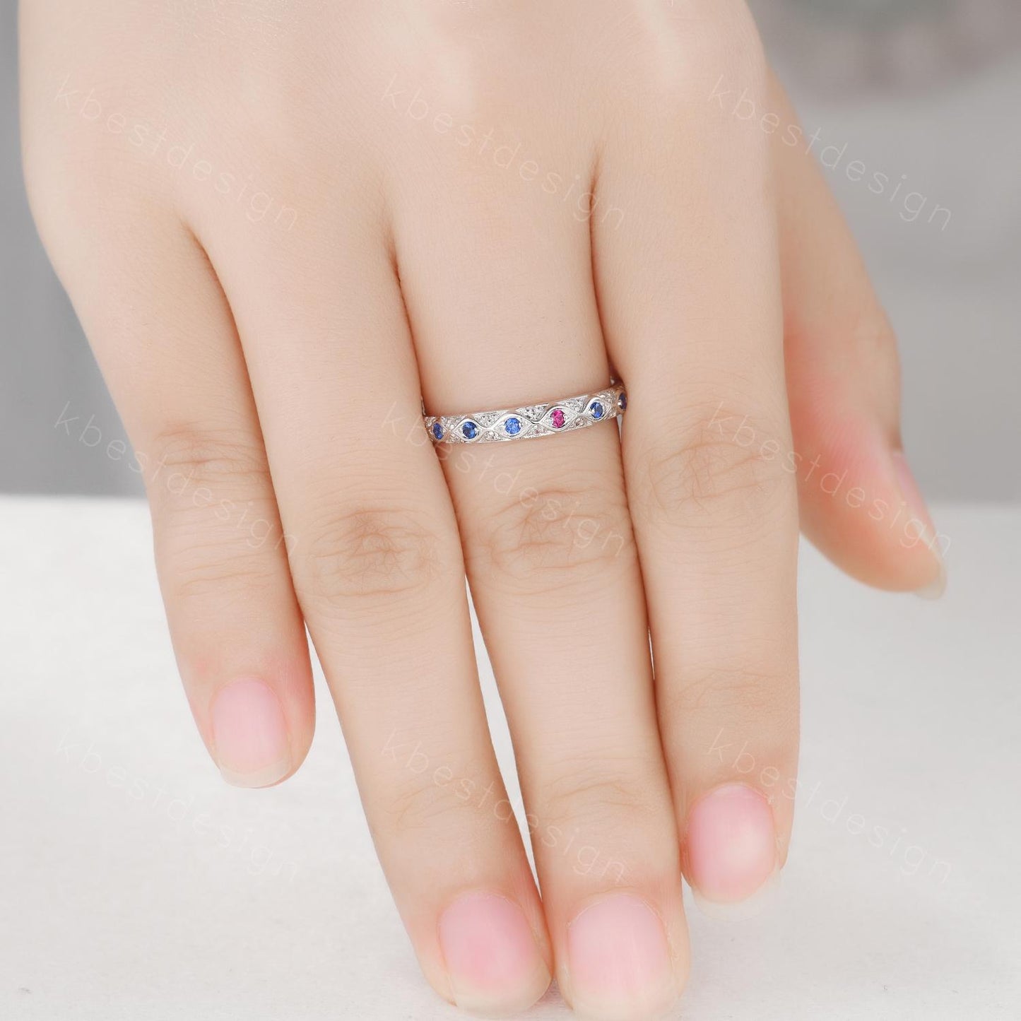 Antique Blue Sapphire Wedding Band Women Vintage Ruby Wedding Band Multi Gemstone Band Art Deco Stacking Matching Band Anniversary Ring