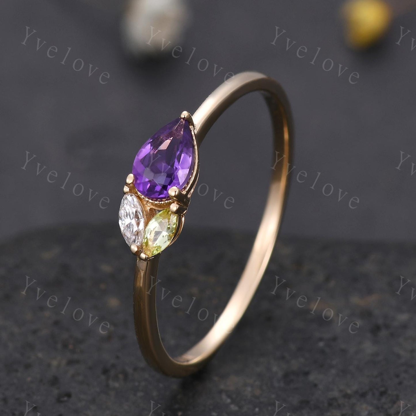 Minimalist Amethyst Engagement Ring,Pear Cut Gem,Art Deco Peridot Moissanite Wedding Band,3 Stone Unique Women Bridal Leaf Cluster Ring Gift