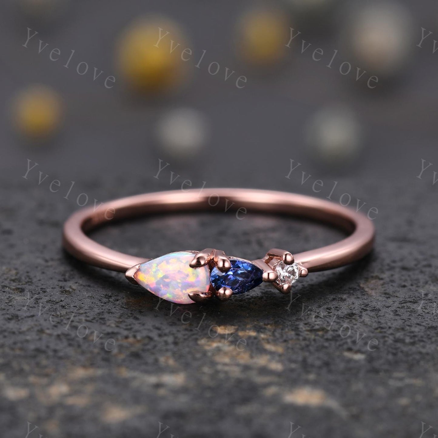 Vintage Opal Sapphire Engagement Ring,Pear Cut Gems,Art Deco Moissanite Wedding Band,3 Stone Unique Women Bridal Promise Ring,Customized