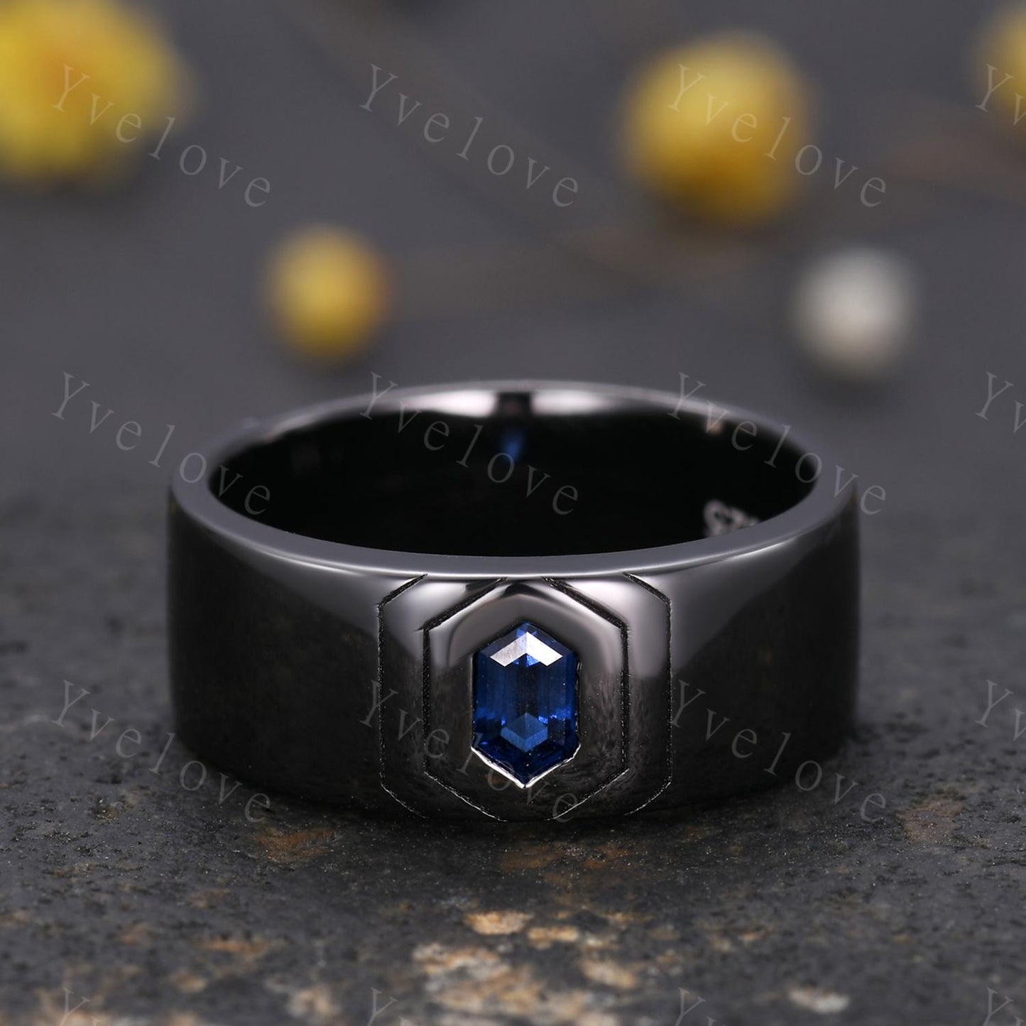 7mm Black Gold Mens Hexagon Sapphire Wedding Band Blue Sapphire Engagement Ring Smooth Band Mens Stacking Band Promise Ring Anniversary Gift