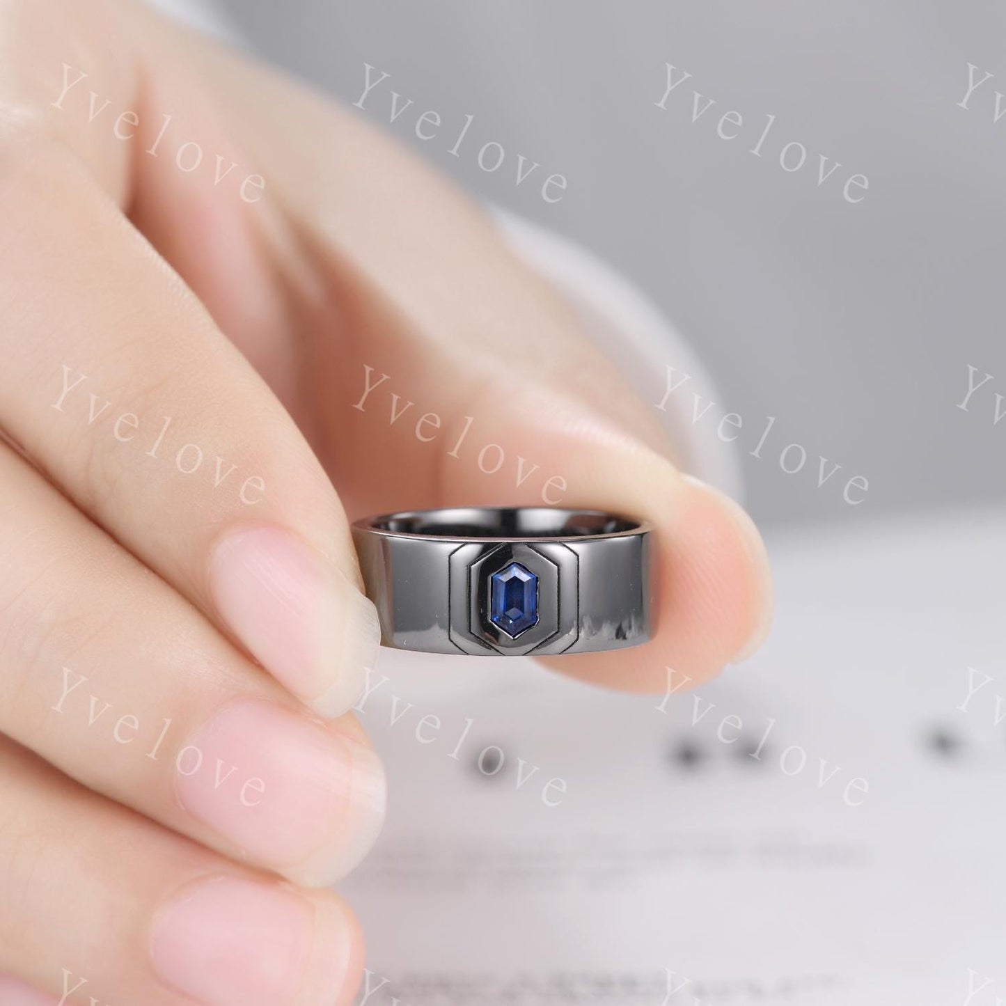 7mm Black Gold Mens Hexagon Sapphire Wedding Band Blue Sapphire Engagement Ring Smooth Band Mens Stacking Band Promise Ring Anniversary Gift