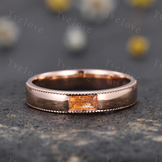 Mens Sunstone Wedding Band Baguette Cut Sunstone Band 5mm Rose Gold Ring Mens Round Beaded Stacking Matching Band Retro Vintage Ring Gift