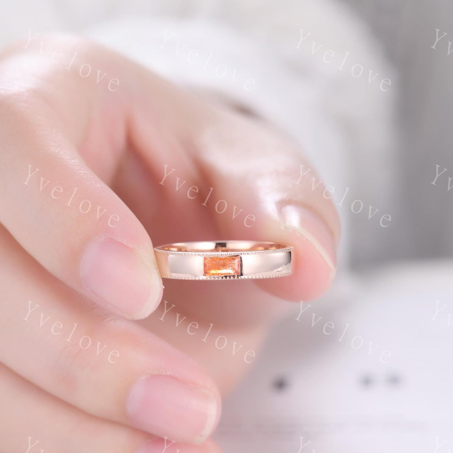 Mens Sunstone Wedding Band Baguette Cut Sunstone Band 5mm Rose Gold Ring Mens Round Beaded Stacking Matching Band Retro Vintage Ring Gift