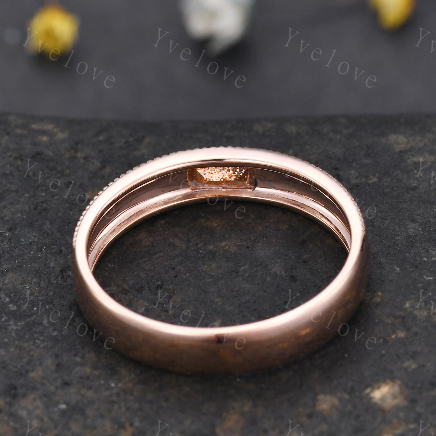 Mens Sunstone Wedding Band Baguette Cut Sunstone Band 5mm Rose Gold Ring Mens Round Beaded Stacking Matching Band Retro Vintage Ring Gift