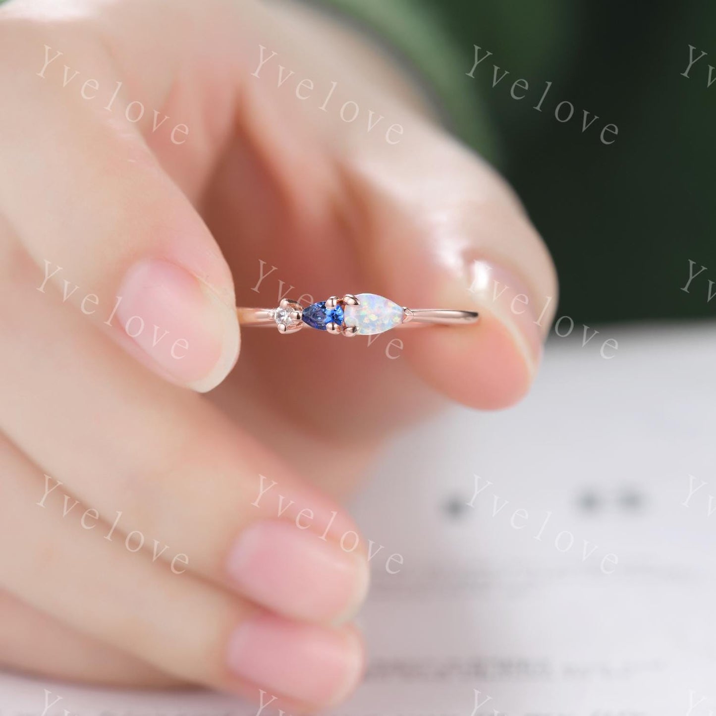 Vintage Opal Sapphire Engagement Ring,Pear Cut Gems,Art Deco Moissanite Wedding Band,3 Stone Unique Women Bridal Promise Ring,Customized