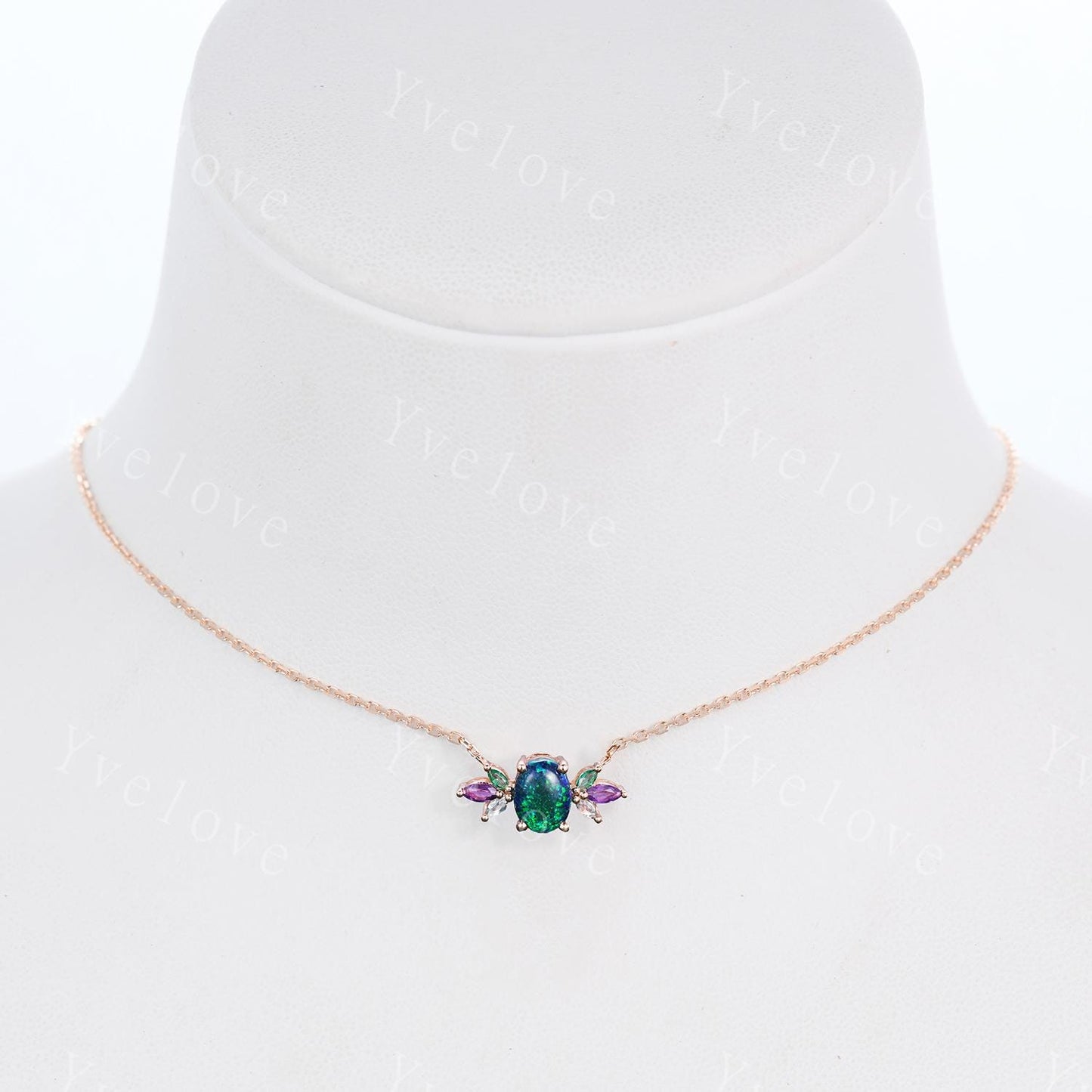Vintage unique oval cut black opal necklace 14k rose gold emerald amethyst personalized pendant for women anniversary promise gift for her