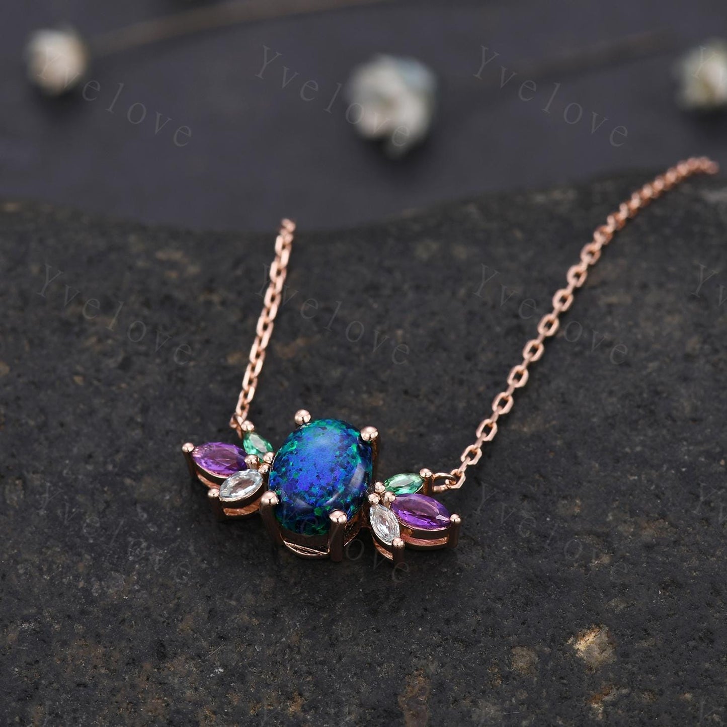 Vintage unique oval cut black opal necklace 14k rose gold emerald amethyst personalized pendant for women anniversary promise gift for her