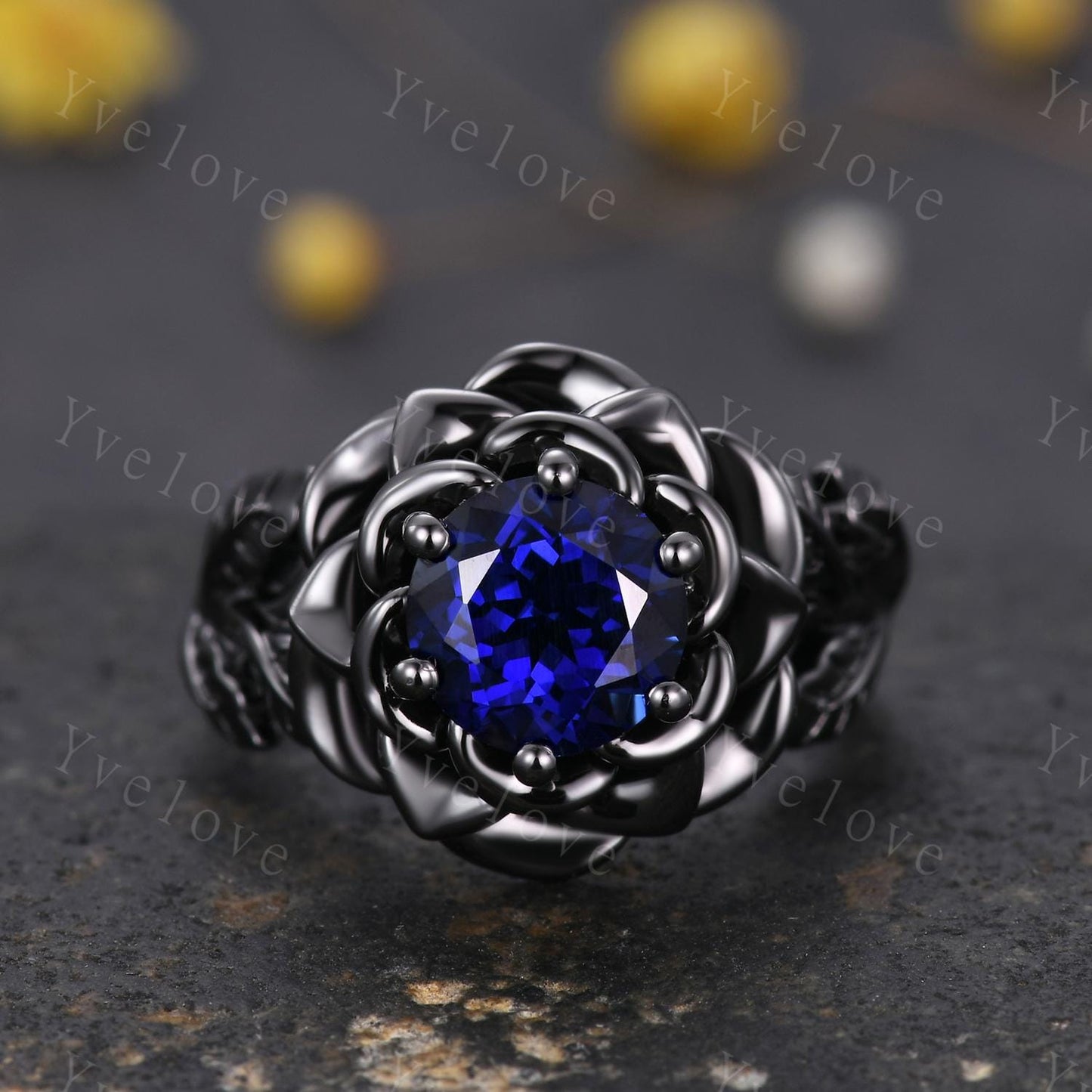Blue Sapphire Rose Flower Engagement Ring Black Silver Band Romantic Wedding Ring Promise Ring For Women Vintage Statement Ring Gothic Ring