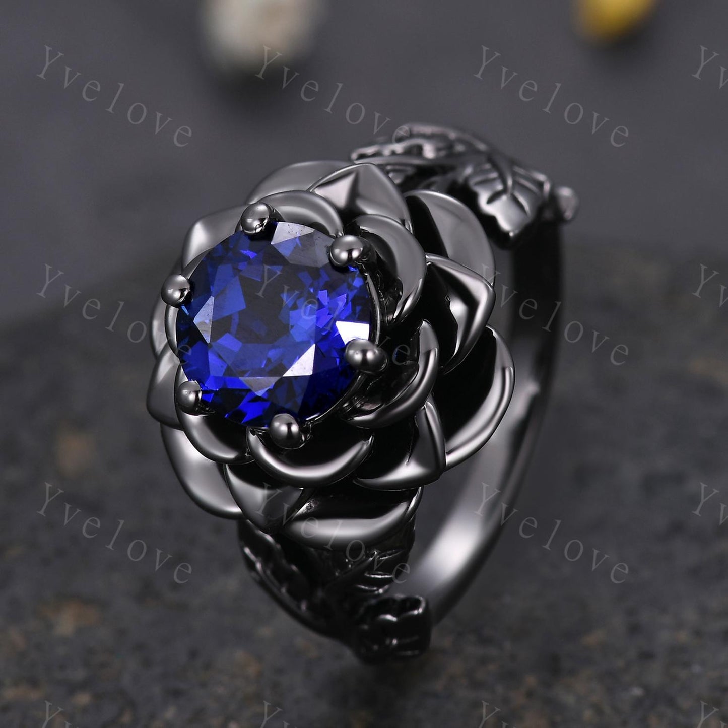 Blue Sapphire Rose Flower Engagement Ring Black Silver Band Romantic Wedding Ring Promise Ring For Women Vintage Statement Ring Gothic Ring