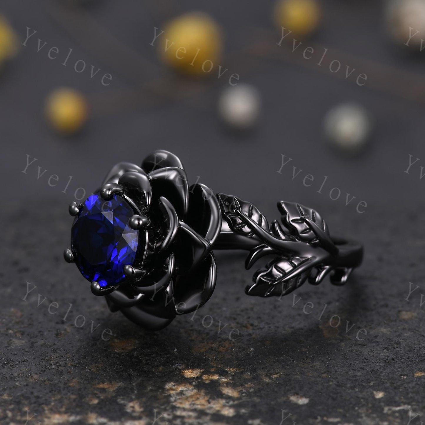 Blue Sapphire Rose Flower Engagement Ring Black Silver Band Romantic Wedding Ring Promise Ring For Women Vintage Statement Ring Gothic Ring