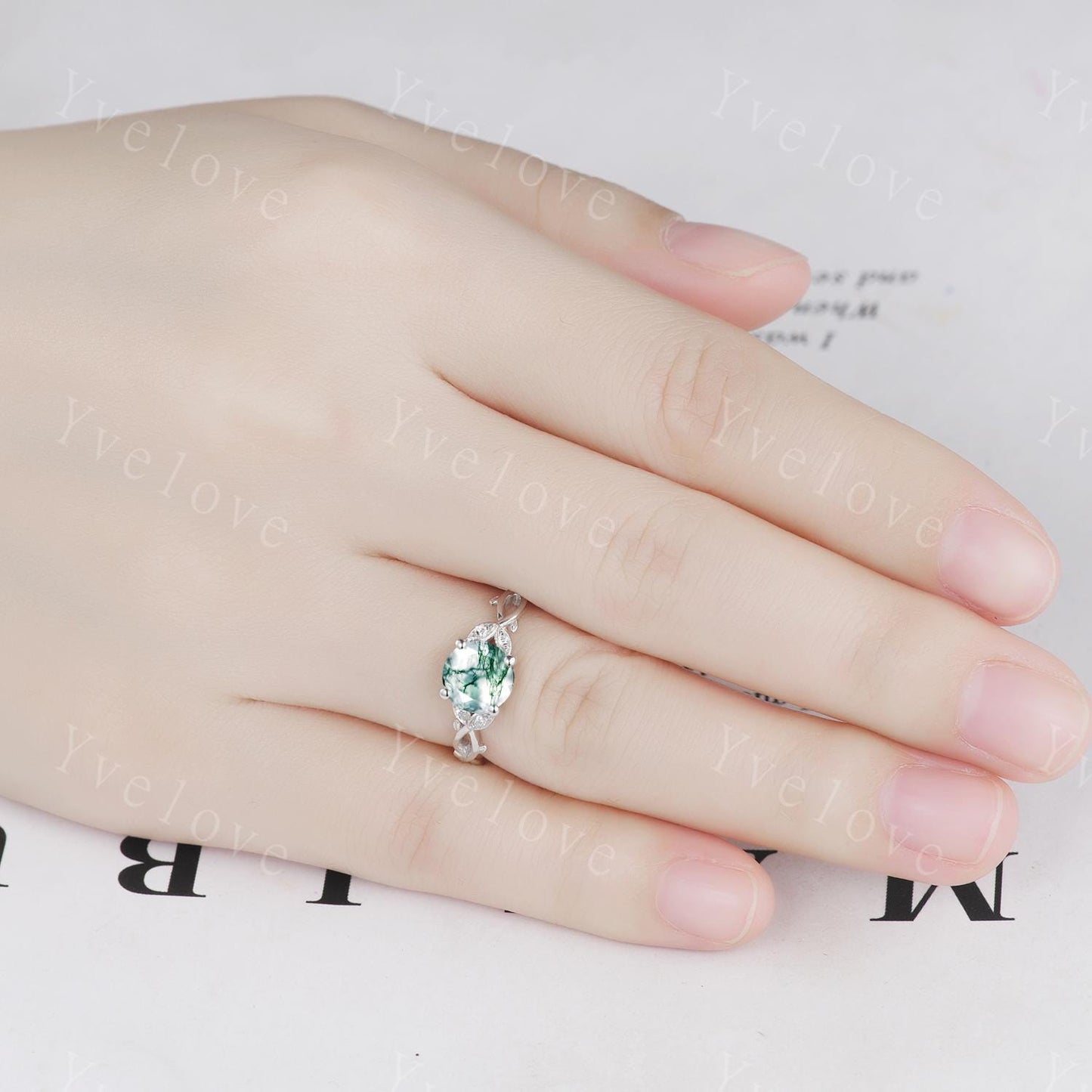 Dainty Round Natural Moss Agate S925 Sterling Silver Engagement Ring Art Deco Vintage Nature Inspired Leaf Ring Cluster Wedding Anniversary