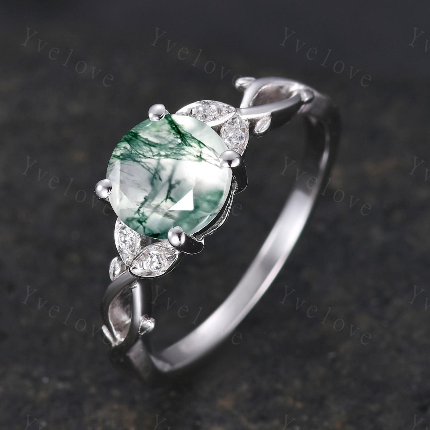 Dainty Round Natural Moss Agate S925 Sterling Silver Engagement Ring Art Deco Vintage Nature Inspired Leaf Ring Cluster Wedding Anniversary
