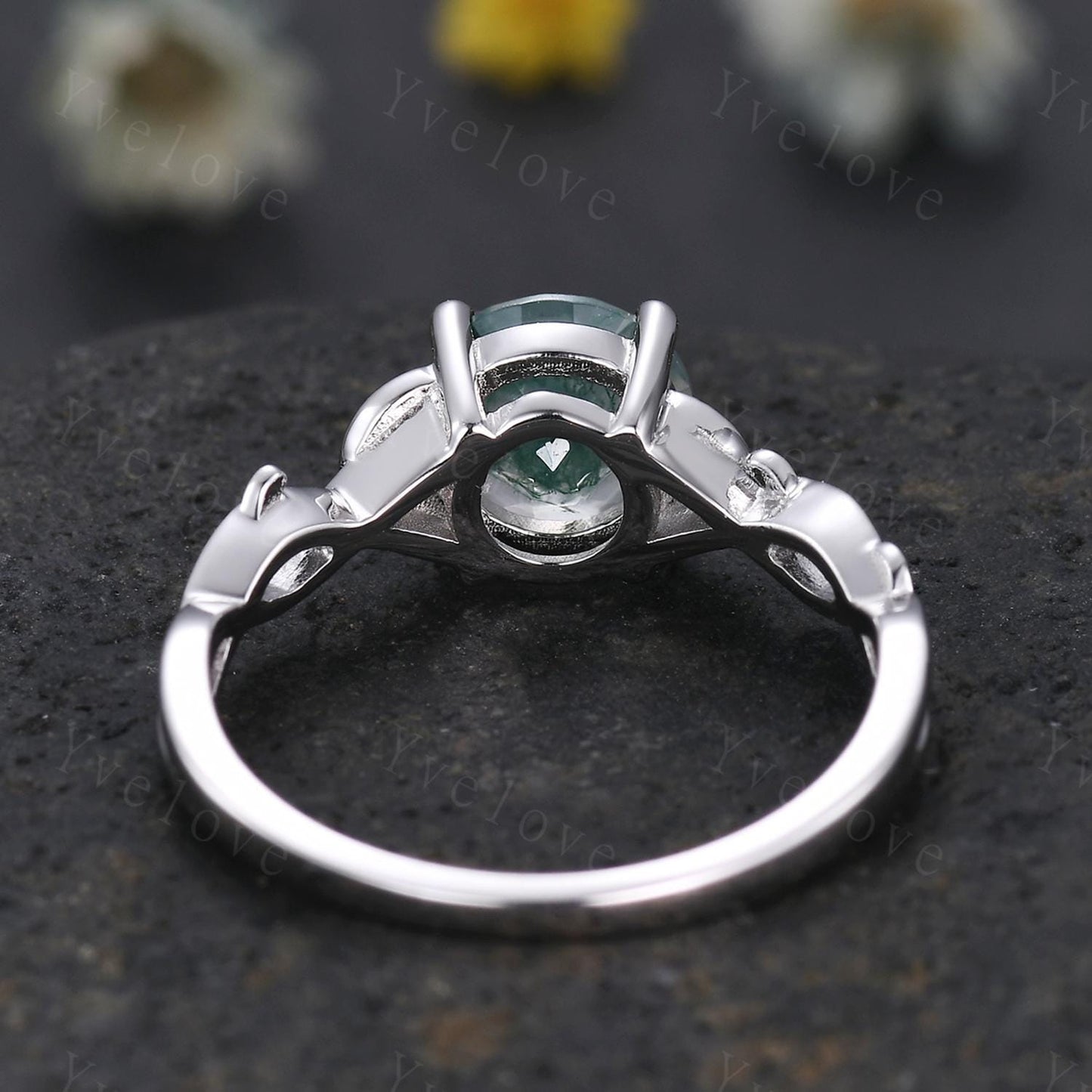 Dainty Round Natural Moss Agate S925 Sterling Silver Engagement Ring Art Deco Vintage Nature Inspired Leaf Ring Cluster Wedding Anniversary