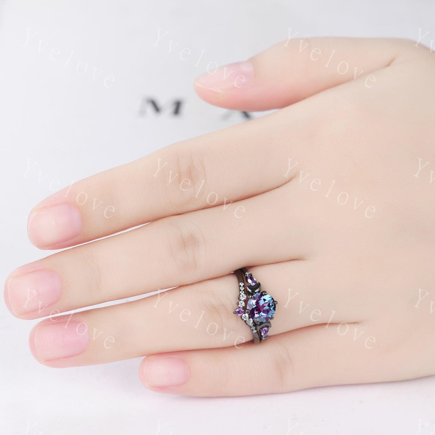 Unique round cut alexandrite ring black gold amethyst moon engagement ring diamond bridal wedding ring set women jewelry promise ring gift