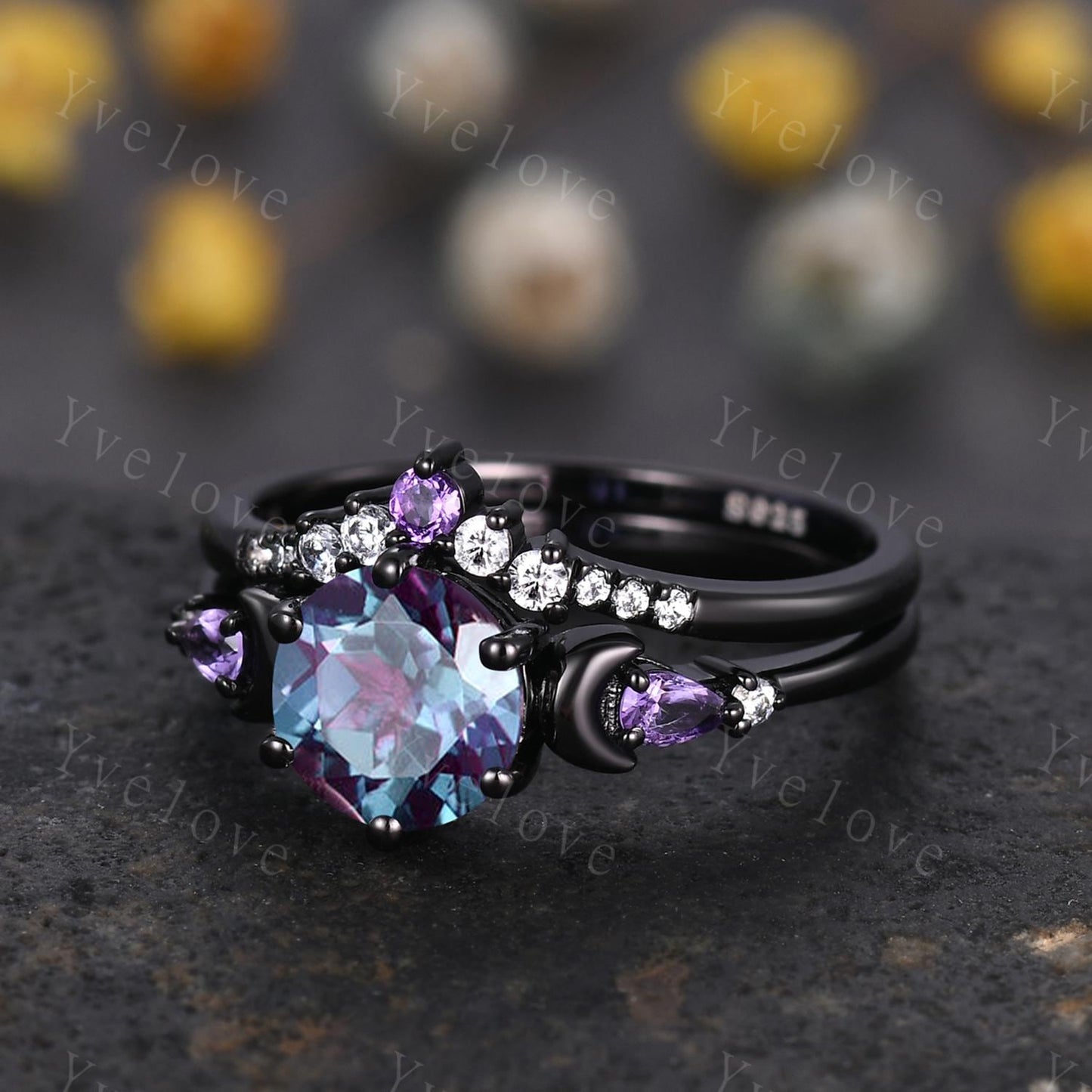 Unique round cut alexandrite ring black gold amethyst moon engagement ring diamond bridal wedding ring set women jewelry promise ring gift