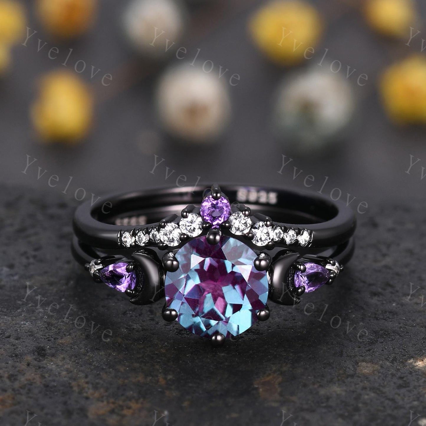 Unique round cut alexandrite ring black gold amethyst moon engagement ring diamond bridal wedding ring set women jewelry promise ring gift