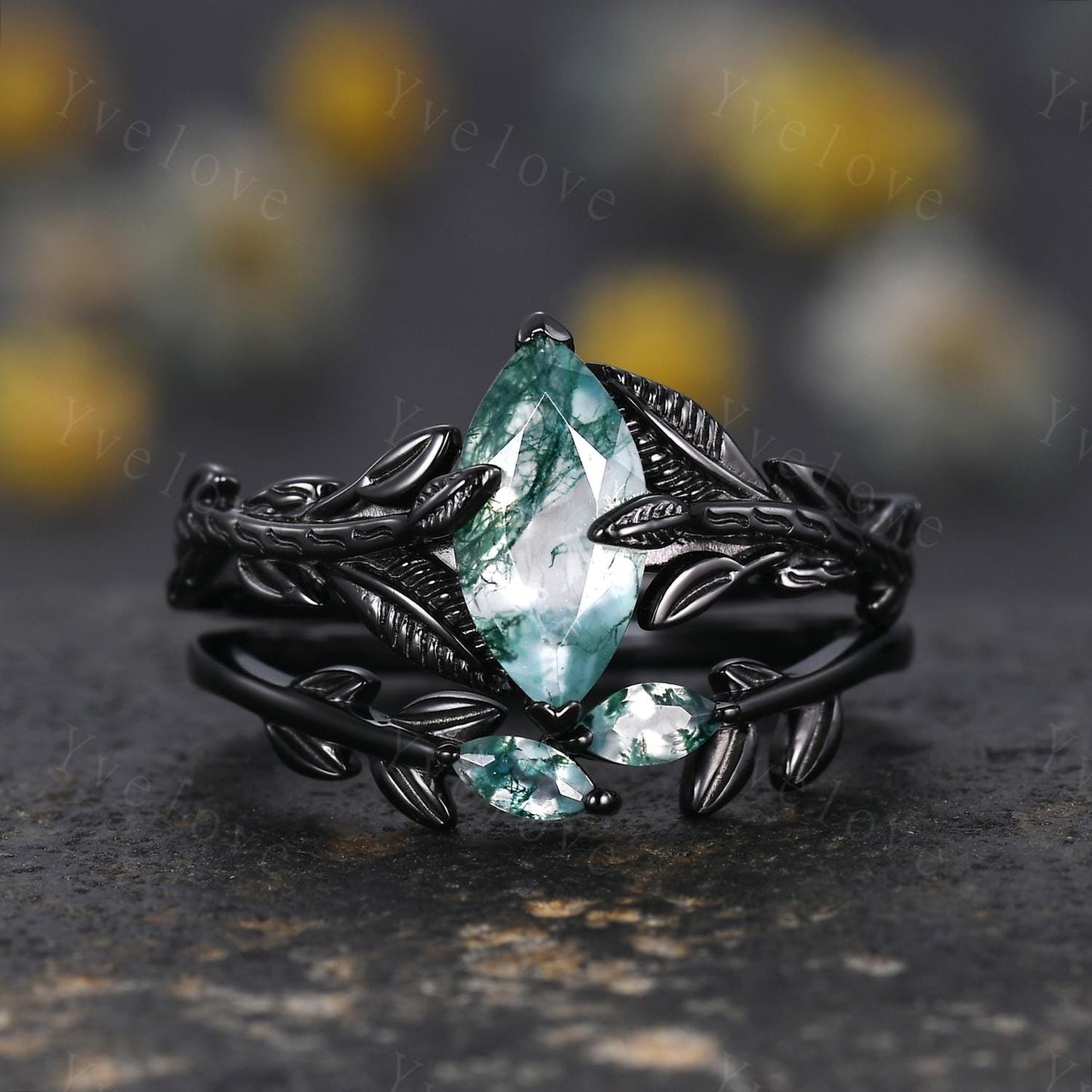 Gothic Natural Moss Agate Engagement Ring Set,Leaves Ring,Black Gold Handmade Ring,Unique Design Ring,Wedding Ring,Anniversary Gift For Her