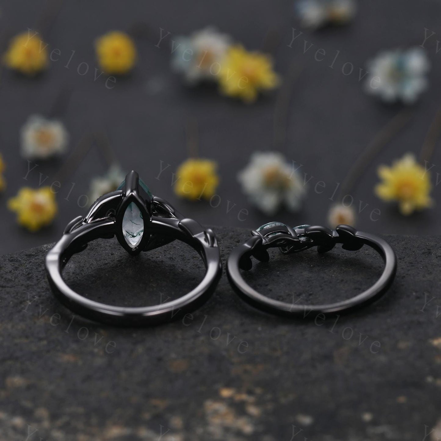 Gothic Natural Moss Agate Engagement Ring Set,Leaves Ring,Black Gold Handmade Ring,Unique Design Ring,Wedding Ring,Anniversary Gift For Her