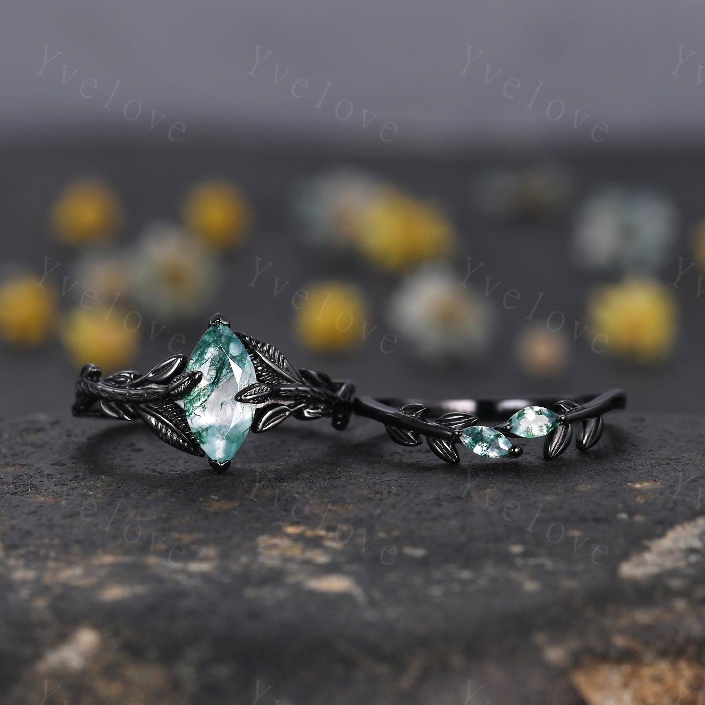 Gothic Natural Moss Agate Engagement Ring Set,Leaves Ring,Black Gold Handmade Ring,Unique Design Ring,Wedding Ring,Anniversary Gift For Her