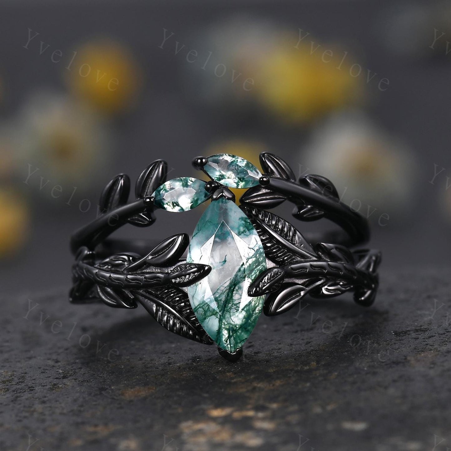 Gothic Natural Moss Agate Engagement Ring Set,Leaves Ring,Black Gold Handmade Ring,Unique Design Ring,Wedding Ring,Anniversary Gift For Her