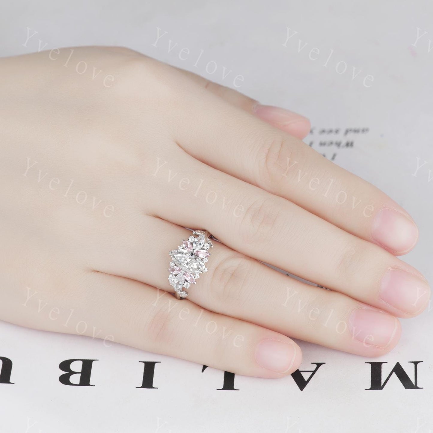 Vintage Marquise Moissanite engagement ring,Unique Pink Morganite Ring,Leaf Cluster Ring,Women Bridal Promise Wedding Band,Statement Ring
