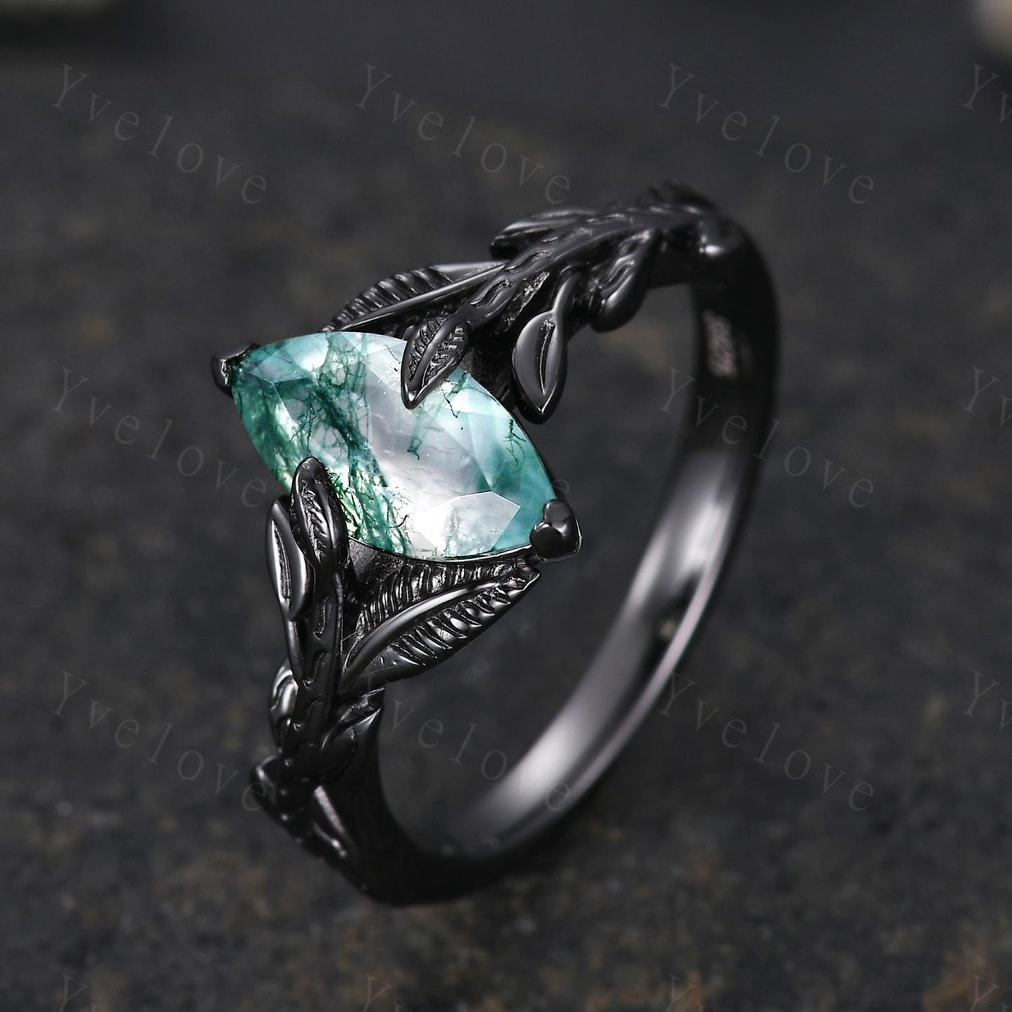 Gothic Natural Moss Agate Ring,Leaves Ring,Black Gold Ring,Fairy tale Handmade Ring,Unique Design Ring,Wedding Ring,Anniversary Gift For Her