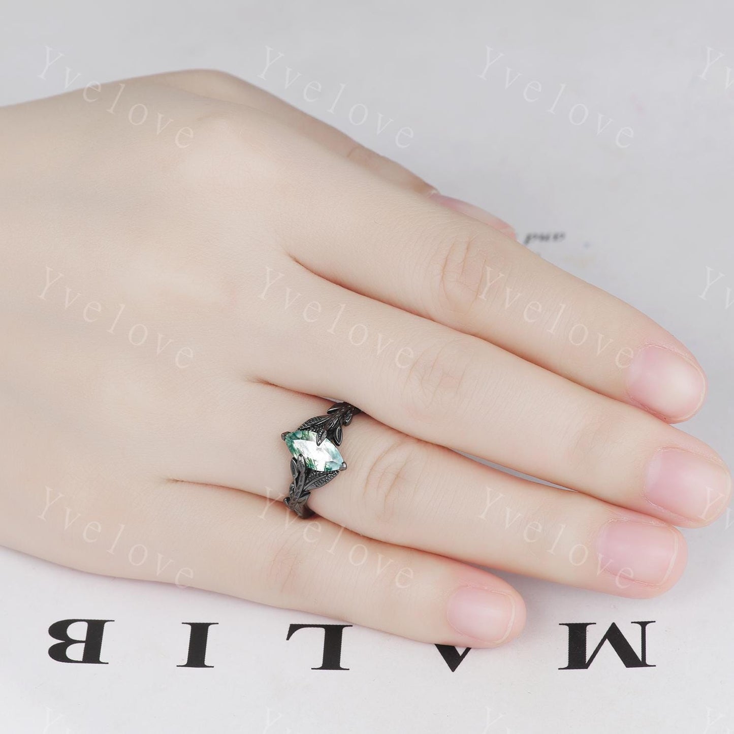 Gothic Natural Moss Agate Ring,Leaves Ring,Black Gold Ring,Fairy tale Handmade Ring,Unique Design Ring,Wedding Ring,Anniversary Gift For Her