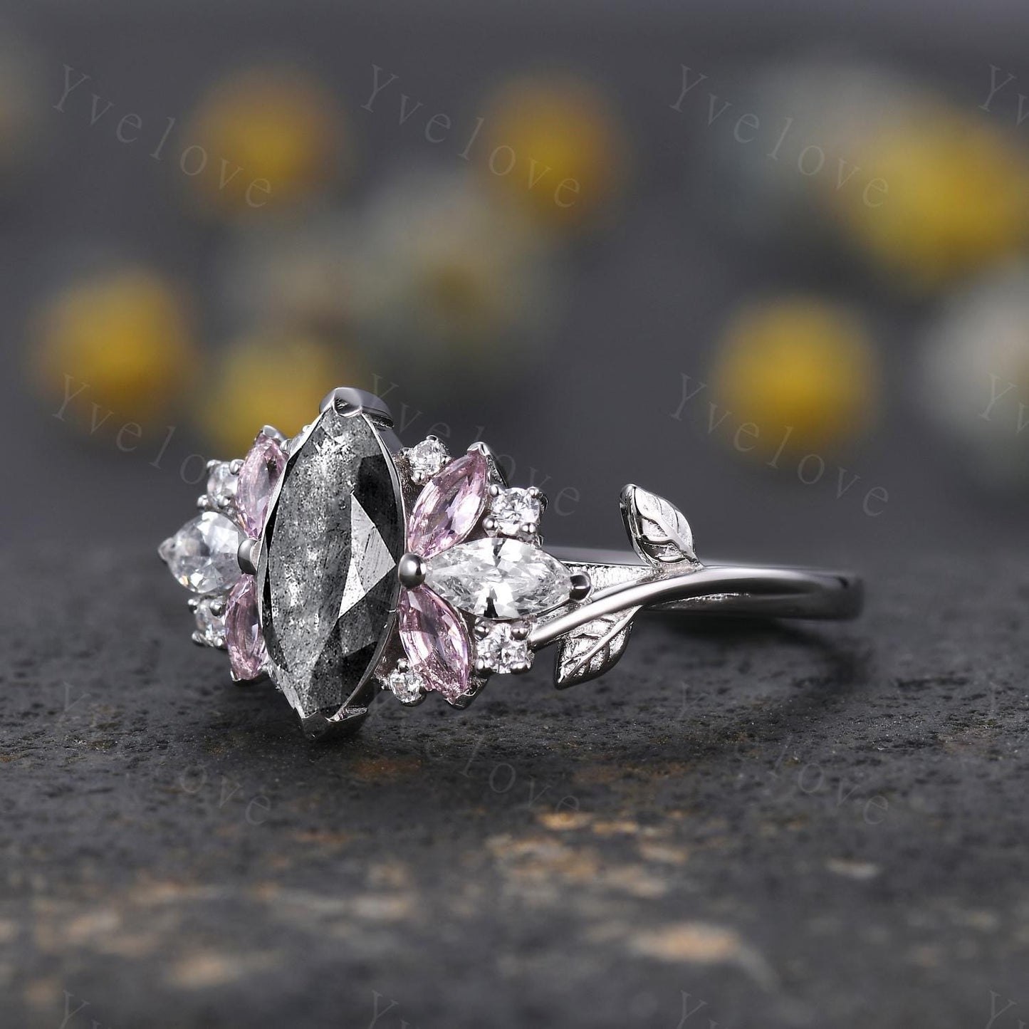 Vintage Marquise salt pepper diamond engagement ring,Unique Morganite Ring,Leaf Cluster Wedding Band,Women Bridal Promise Ring Gift For Her