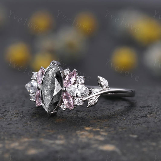 Vintage Marquise salt pepper diamond engagement ring,Unique Morganite Ring,Leaf Cluster Wedding Band,Women Bridal Promise Ring Gift For Her