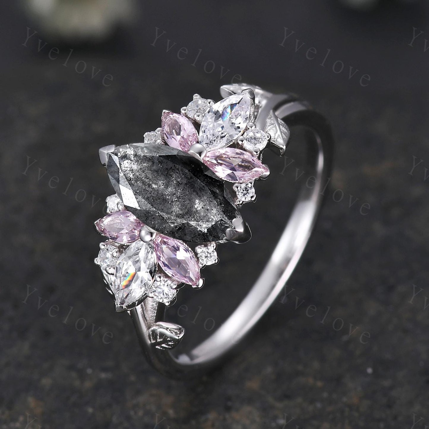Vintage Marquise salt pepper diamond engagement ring,Unique Morganite Ring,Leaf Cluster Wedding Band,Women Bridal Promise Ring Gift For Her