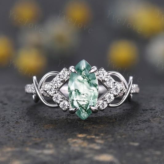 Unique marquise cut moss agate engagement ring white gold engagement ring dainty diamond bridal  twist ring promise ring anniversary gift