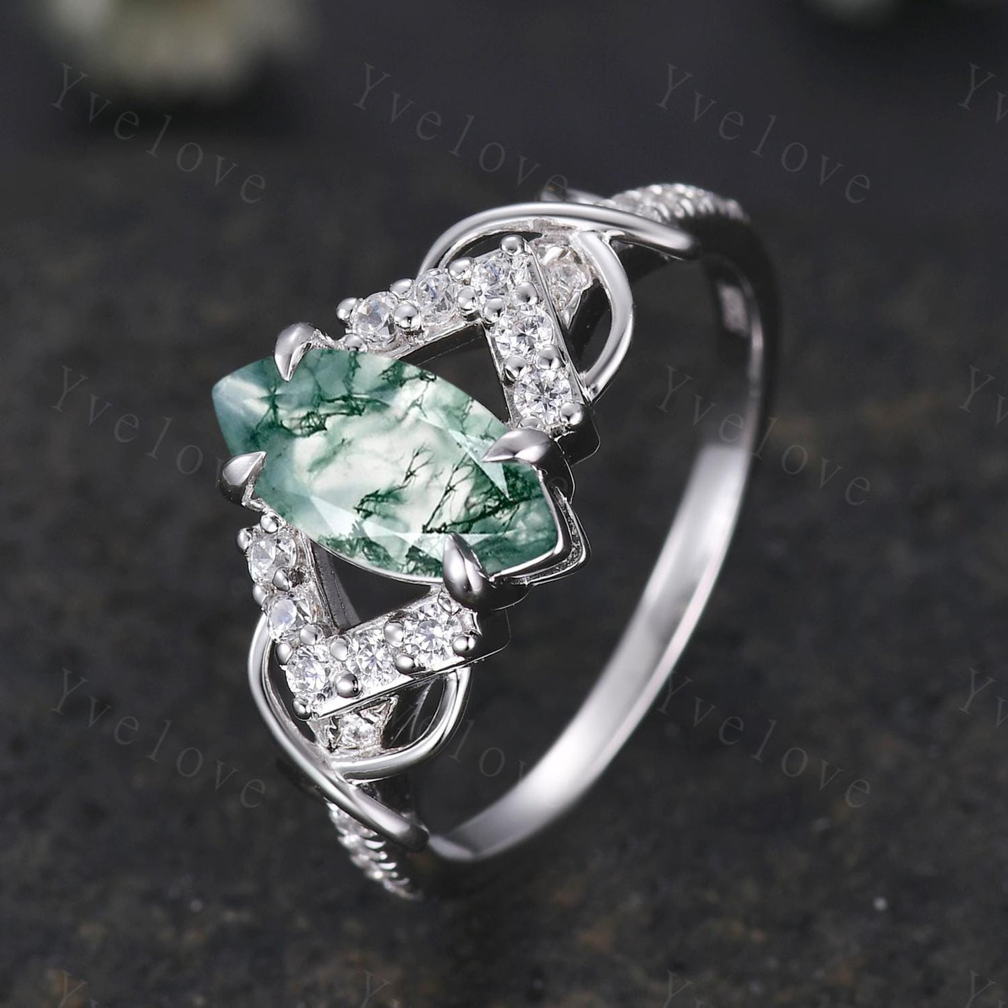 Unique marquise cut moss agate engagement ring white gold engagement ring dainty diamond bridal  twist ring promise ring anniversary gift