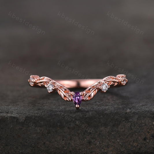 Unique Curved Amethyst Wedding Band Women Rose Gold Band Nature Leaf Style Stacking Moissanite Band Bridal Anniversary Ring
