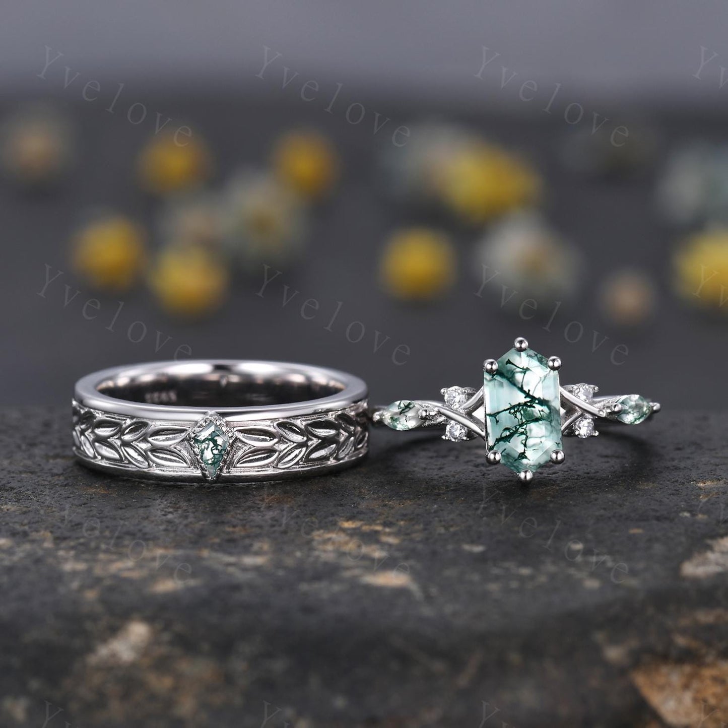Unique Moss Agate Couples Ring White Gold  Natural Agate Gem Matching Ring Set His and Hers Wedding Band Promise Ring For Men For Women Gift