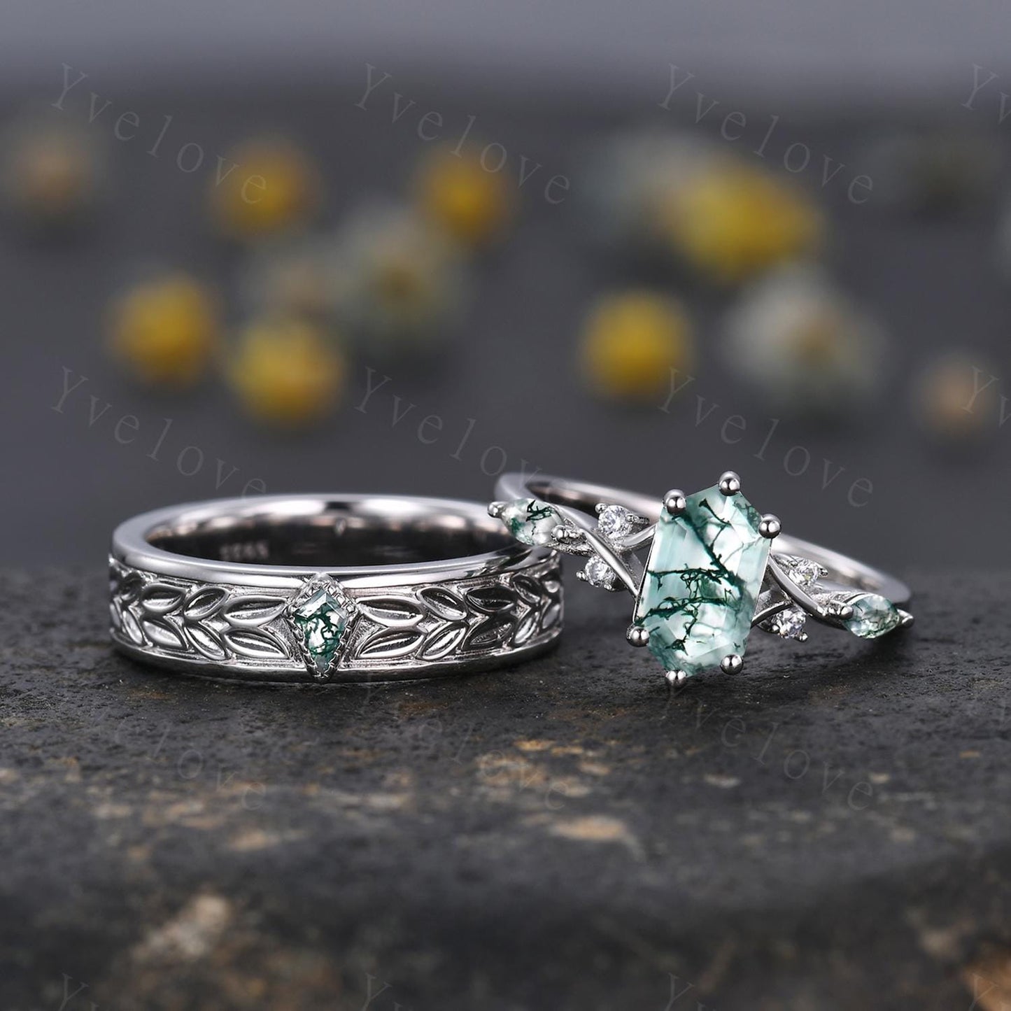 Unique Moss Agate Couples Ring White Gold  Natural Agate Gem Matching Ring Set His and Hers Wedding Band Promise Ring For Men For Women Gift