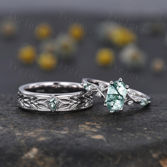 Unique Moss Agate Couples Ring White Gold  Natural Agate Gem Matching Ring Set His and Hers Wedding Band Promise Ring For Men For Women Gift