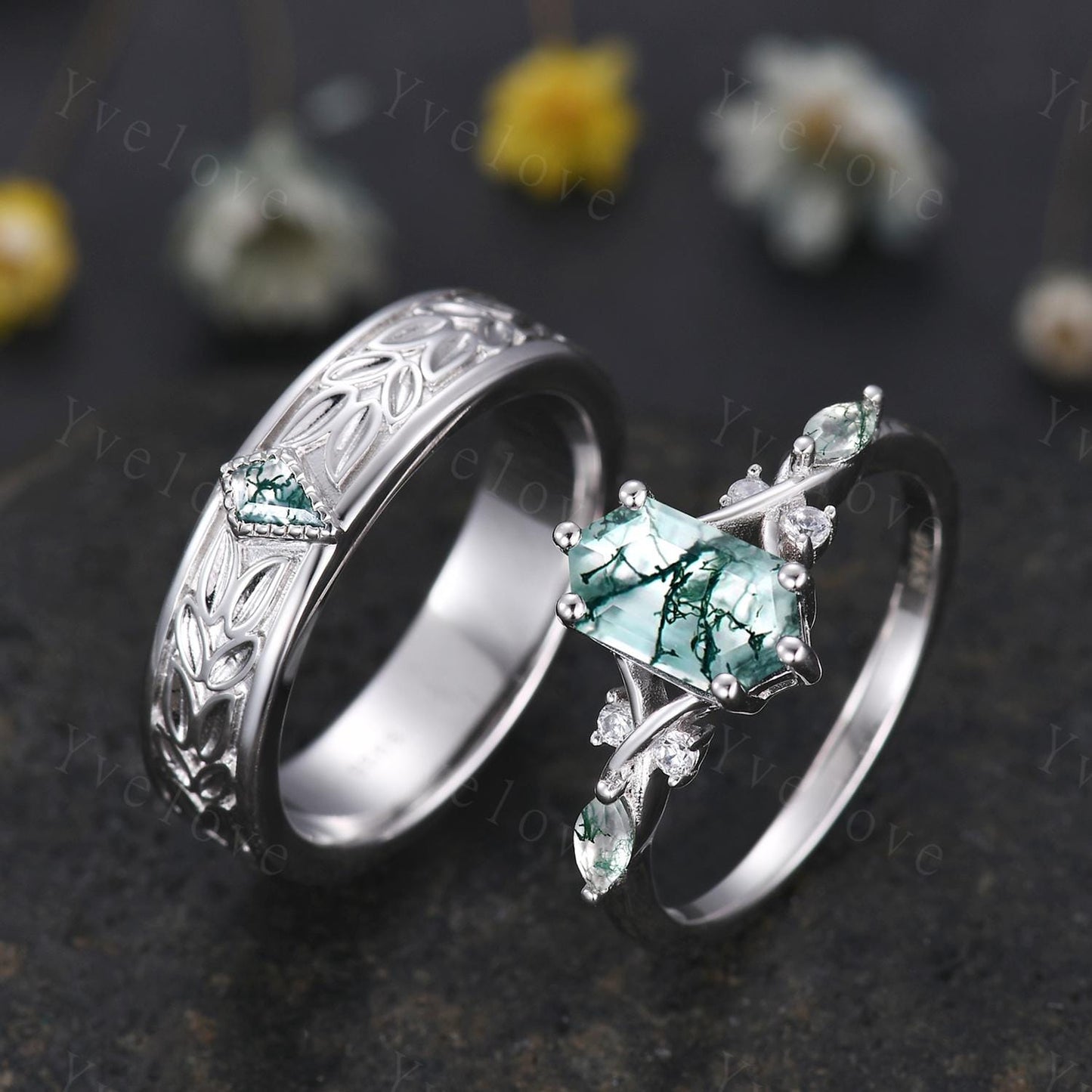 Unique Moss Agate Couples Ring White Gold  Natural Agate Gem Matching Ring Set His and Hers Wedding Band Promise Ring For Men For Women Gift