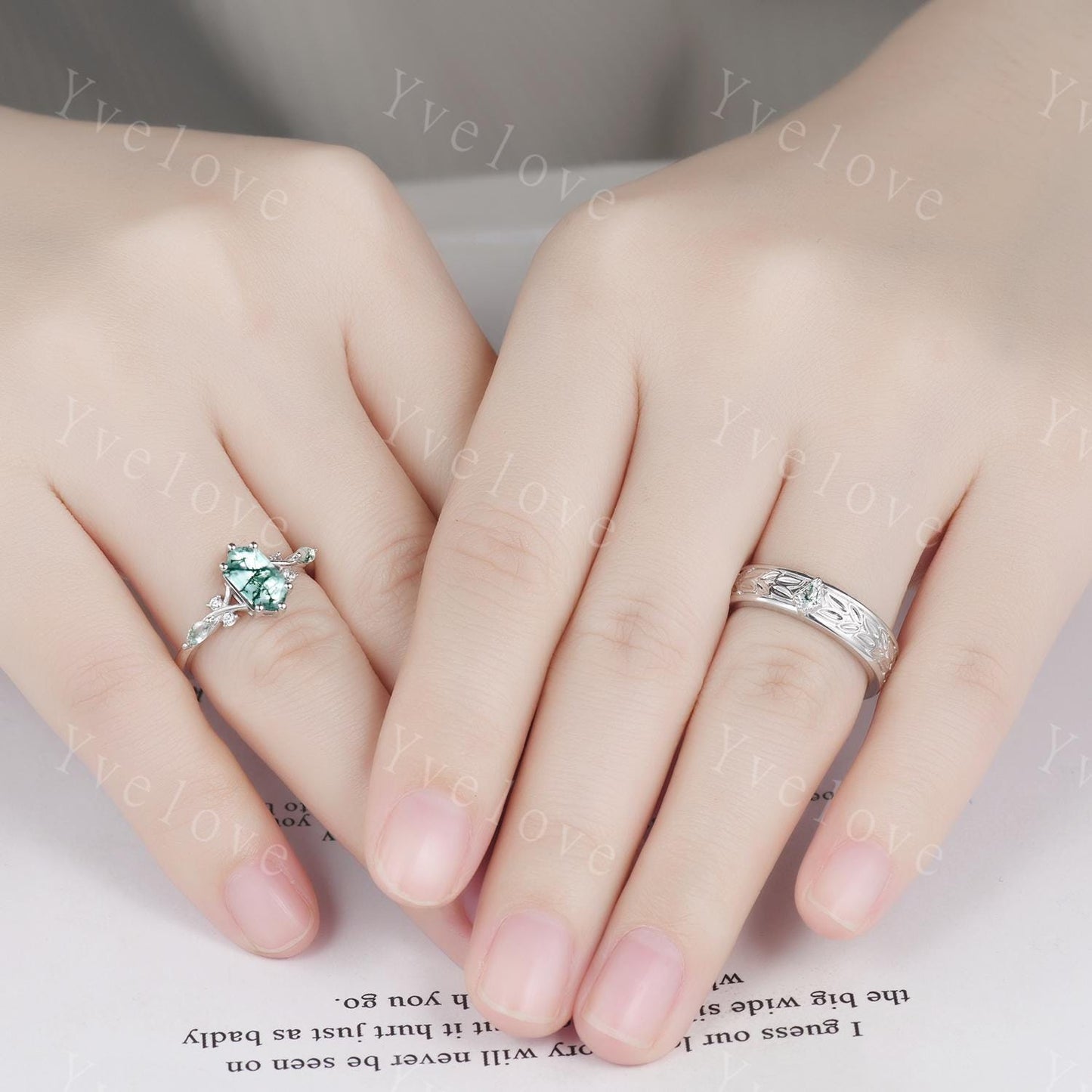 Unique Moss Agate Couples Ring White Gold  Natural Agate Gem Matching Ring Set His and Hers Wedding Band Promise Ring For Men For Women Gift