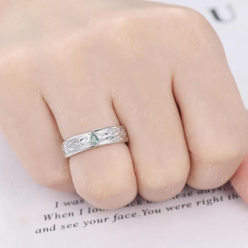 Unique Moss Agate Couples Ring White Gold  Natural Agate Gem Matching Ring Set His and Hers Wedding Band Promise Ring For Men For Women Gift