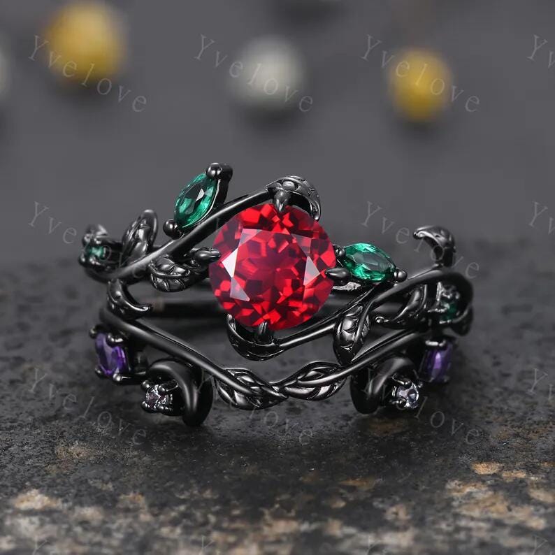 Vintage Round Red Garnet Engagement Ring,Silver Black Gold,Cluster Leaf Vine Emerald Wedding Ring,Women Bridal Ring,Art Deco Promise Gift
