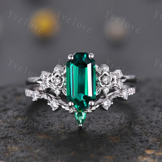 Emerald engagement ring set,Art deco leaf flower emerald ring,14k white gold,Curved emerald stacking wedding band,Unique Bridal Promise Gift