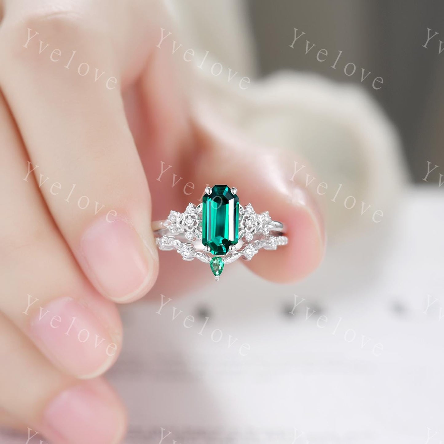 Emerald engagement ring set,Art deco leaf flower emerald ring,14k white gold,Curved emerald stacking wedding band,Unique Bridal Promise Gift