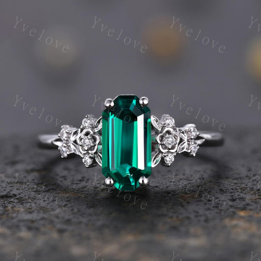 Emerald engagement ring,Art deco leaf flower emerald ring,14k white gold,Curved emerald stacking wedding band,Unique Bridal Promise Gift