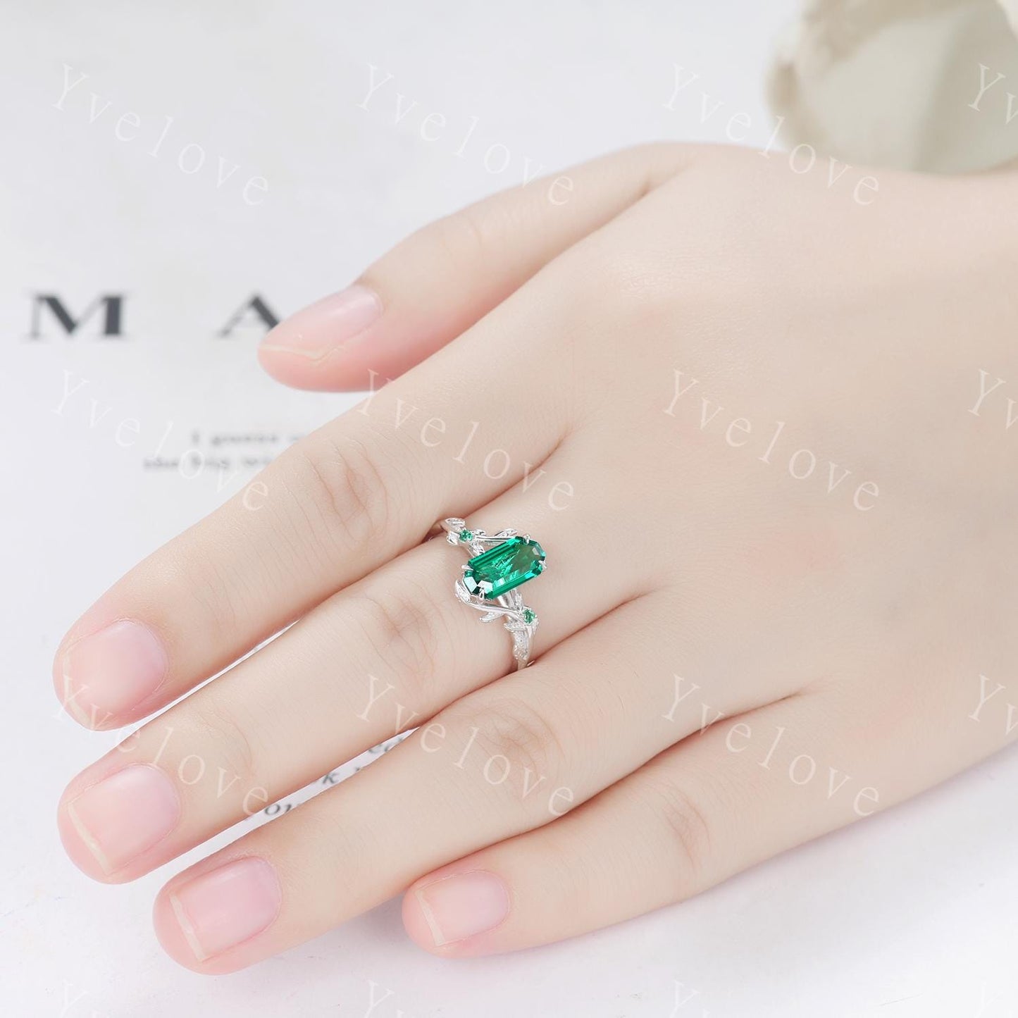 Emerald engagement ring set,Art deco leaf flower emerald ring,14k white gold,Curved emerald stacking wedding band,Unique Bridal Promise Gift